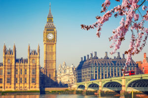 Big Ben and Westminster Bridge in London in spring