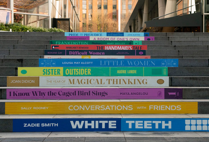 International Women's Day. The Avenue steps at Spinningfields have been decorated with the spines of famous novels written be female authors.